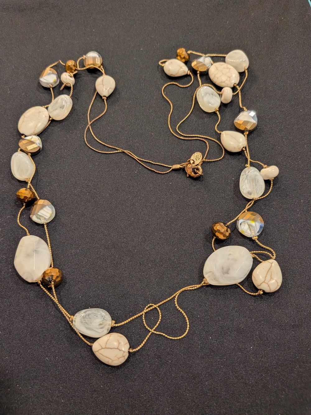 Gold Tone Chain Necklace 19" with Cream Gemstone and Bronze Accents